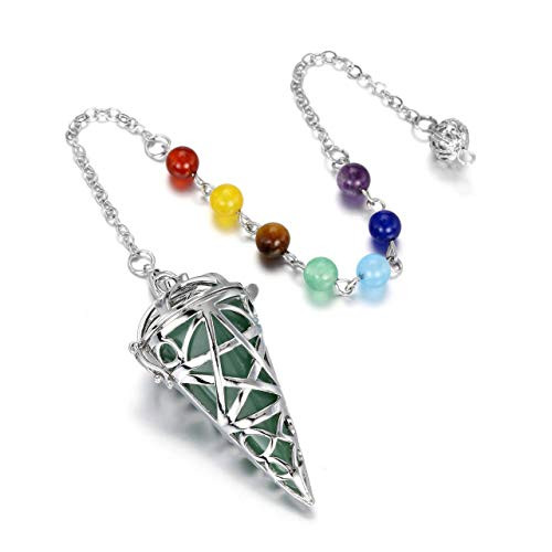 Top Plaza 7 Chakra Reiki Healing Crystal Green Aventurine Dowsing Pendulum for Divination Wicca Balancing Gemstone Stone Pointed Locket Pendulums Necklace