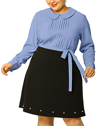 Agnes Orinda Women's Plus Size Blouse Chiffon Long Sleeves Peter Pan Pleated Collar Tops Blouses 4X Blue