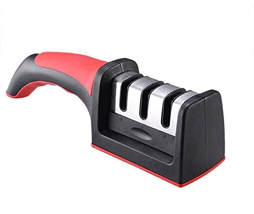 Kitchentbf Knife Sharpener with Handle for Straight and Serrated Knives 3-Stage Knife Sharpening Tool Helps Repair Restore and Polish Blades Sharpens Dull Knives Quickly Safe - Red and Black Kitchentbf Knife Sharpener with Handle for Straight and Serrated Knives 3-Stage Knife Sharpening Tool Helps Repair Restore and Polish Blades Sharpens Dull Knives Quickly Safe - Red and Black