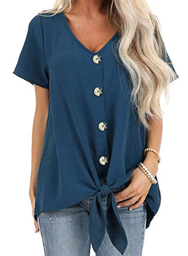 Dokotoo Womens Fashion Casual Summer Button Down Front Tie Short Sleeve V Neck Blouses Tops T Shirts Blue 2XL