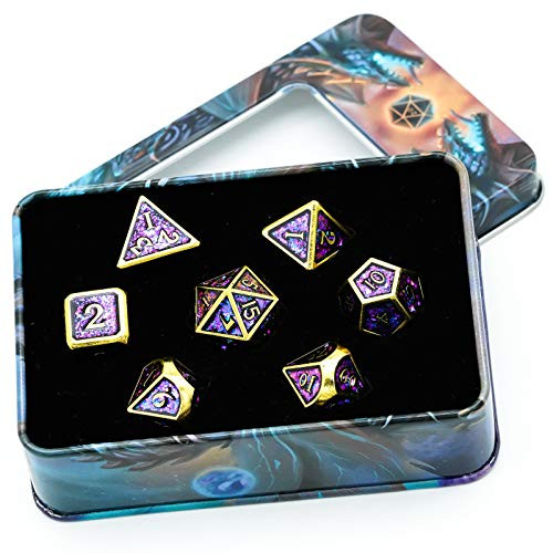 UDIXI Metal Dice Set 7 Die Polyhedral DND Dice Set D and D Dice with Metal Case for Dungeons and Dragons Role Playing Game and Math Teaching  Glitter Purple Blue