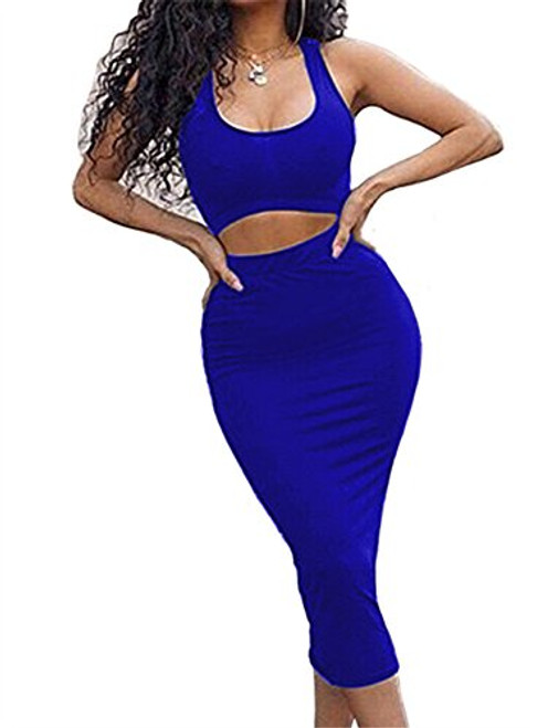 GOBLES Women's Sexy Summer Outfits Bodycon Tank Top Midi Skirt 2 Piece Dress Royal Blue