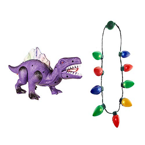 Windy City Novelties Holiday Bundle  LED Christmas Bulb Necklace  and  Light Up Purple Dinosaur Toy for Kids