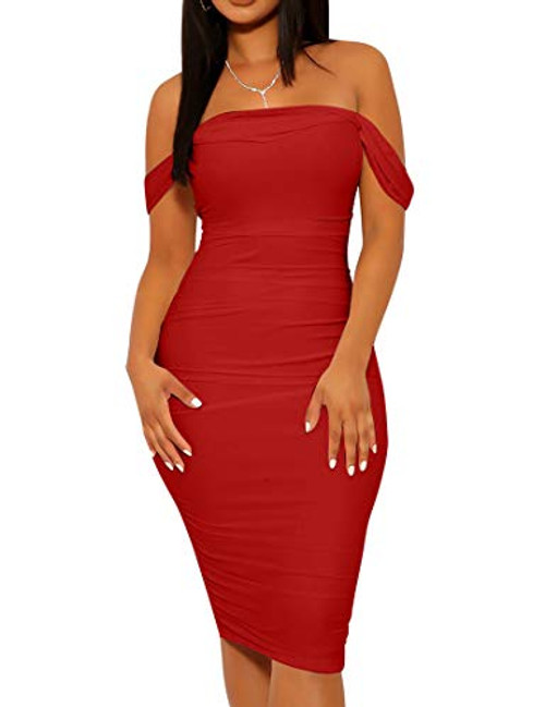 Mizoci Women's Summer Sexy Bodycon Tube Top Off Shoulder Party Club Midi Dress Large Red Mizoci Women's Summer Sexy Bodycon Tube Top Off Shoulder Party Club Midi Dress Large Red