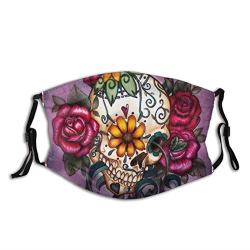 Rose Sugar Skull Flowers Purple Face Mask with Filter Pocket Washable Reusable Face Bandanas Balaclava with 2 Pcs Filters