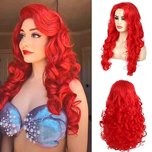 Women Long Curly Red Wig Synthetic Heat Resistant Cosplay Costume Halloween Party Wig with Wig Cap