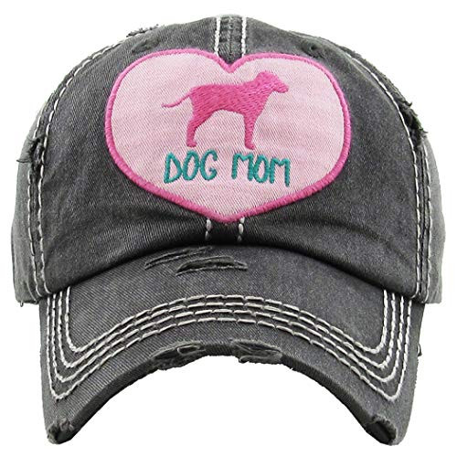 Distressed Baseball Cap Vintage Dad Hat - Dog Mom Heart  Black