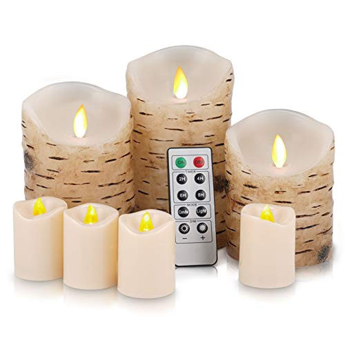 Flickering Flameless Candles Birch Candles and Votives LED Candles Battery Operated Candles Birch Bark Effect Real Wax Pillar LED Candles Remote Control and Cycling 24 Hours Timer
