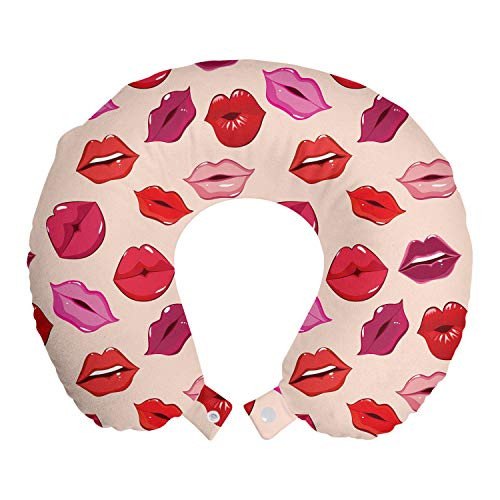 Ambesonne Kiss Travel Pillow Neck Rest  Repetitive Woman Lips in Warm Toned Listicks  Memory Foam Traveling Accessory for Airplane and Car  12"  Rose Red