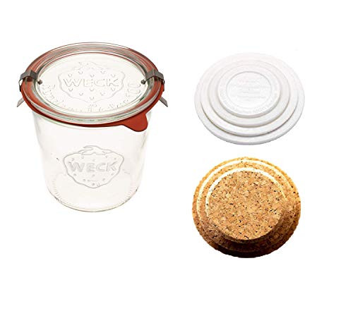 Weck Canning Jars 742 - Weck Mold Jars made of Transparent Glass - Eco-Friendly Canning Jar - Storage for Food  Yogurt with Air Tight Seal and Lid  1 2 Liter Tall Jars Set -  1 Jar  Cork Lid  and  Keep Fresh Cover