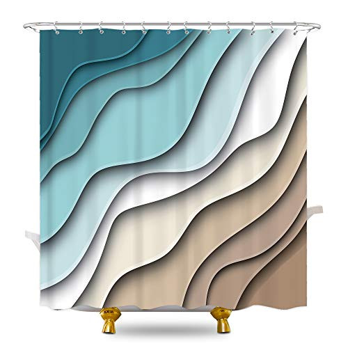 KOMLLEX Abstract Ombre Ocean Waves Shower Curtain 60Wx72H Inches Blue Sea and Beach Tropical Summer Contemporary Fabric Waterproof Polyester with 12 Pack Plastic Hooks