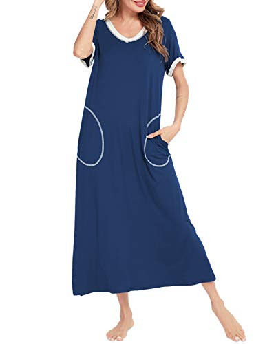 SWOMOG Women's Long Housecoat Short Sleeve Nightgown V Neck Night Dress Full Length Robe with Pockets Navy Blue
