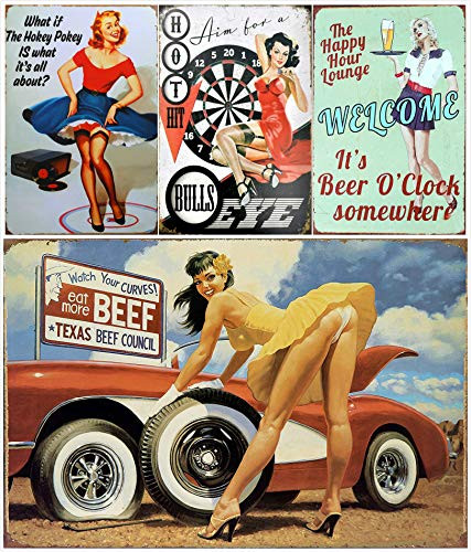 Auggies Set Tin Sign Liquor Bar Hot Girl Metal Retro Signs Plaques Wall Decal Vintage Look 12''x8''  Hot Girl X4