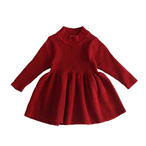 Toddler Baby Girl Knit Sweater Dress Kids Solid Color Ribbed Ruffle Long Sleeve Dresses Top Fall Winter Outfits  B-Wine Red  4-5T