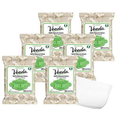 Veeda 100% Natural Cotton PH Balanced Hypoallergenic Feminine Wet Wipes  Safe Cleansing Cloths for Sensitive Skin  Unscented  20 Count  Pack of 6