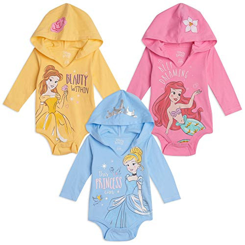 Disney Princess Cinderella Belle Ariel Baby Girls 3 Pack Hooded Bodysuits 12 Months