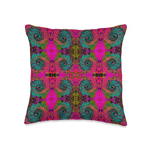My Rubio Garden Colorful Abstract Designs Colorful Trippy Swirl Pattern in Magenta  Green and Black Throw Pillow  16x16  Multicolor