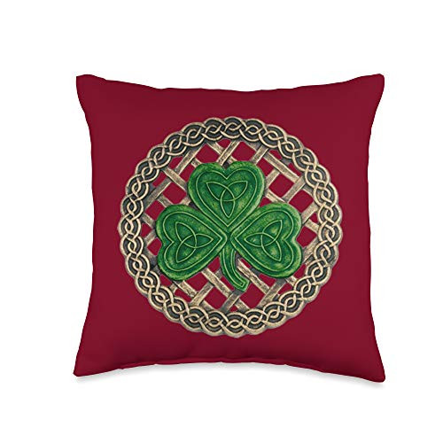 Atteestude Green Shamrock  Celtic Knots With Red Background Throw Pillow  16x16  Multicolor