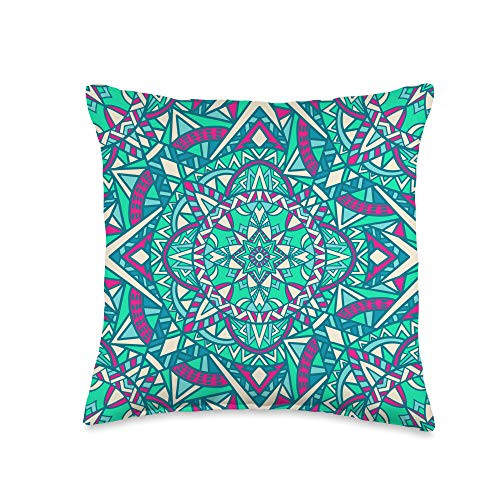 Kaemel Designs Artistic Geometric Mandala Green Blue and Pink Throw Pillow  16x16  Multicolor