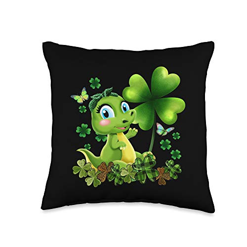 St Patricks Day Green Shamrock Decorations Gifts Girls St Patricks Day Cute Lucky Dinosaur Green Shamrock Kid Throw Pillow  16x16  Multicolor