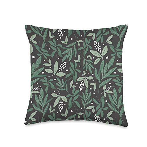 Vine Mercantile Green Botanical Foliage  and  White Berry Floral Bud Pattern Throw Pillow  16x16  Multicolor