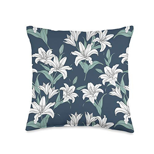 Vine Mercantile Elegant Green  and  White Lily Floral Pattern - Blue Throw Pillow  16x16  Multicolor
