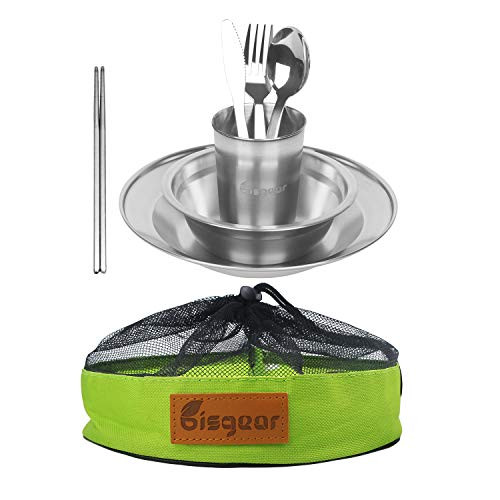 Bisgear 13pcs Stainless Steel Tableware Mess Kit Includes Plate Bowl Cup Spoon Fork Knife Chopsticks Carabiner Wine Opener Dishcloth  and  Mesh Travel Bag for Camping Backpacking  and  Hiking for 1-Person