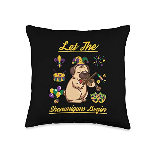 Pug Lover Costume Happy Mardi Gras Gift Pug Violin Lover Costume Happy Mardi Gras Carnival Party Dog Throw Pillow  16x16  Multicolor