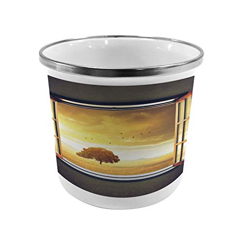 Ambesonne Spring Steel Camping Mug  Looking Out an Open Window to a Sunny Spring Birds Countryside Landscape  Printed Thermal Cup for Camping and Outdoor Activities  Grey Marigold Brown