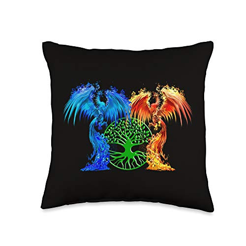 Atteestude Fantasy Fire And Ice Phoenix Green Tree Of Life Throw Pillow  16x16  Multicolor