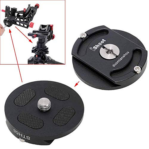 iShoot Metal Quick Release Adapter Tripod Head Mount Converter for Cantilever Head  Fluid Head  Ball Head  Tripod Head with Circular Bottom  and  3 8" Screw Hole  Bottom is Arca Type Quick Release Plate