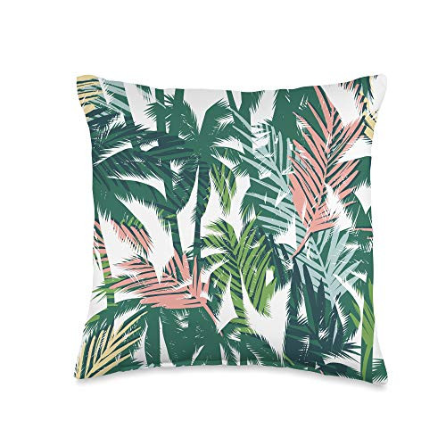 The Knotty Whale Pink Green Palm Tree Leaves Beach Tropical Women Girls Throw Pillow  16x16  Multicolor