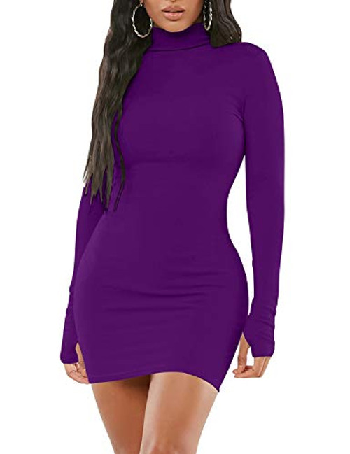 Mizoci Women's Sexy Bodycon Mini Club Dresses Basic Long Sleeve Turtleneck Dress Medium Dark Purple Mizoci Women's Sexy Bodycon Mini Club Dresses Basic Long Sleeve Turtleneck Dress Medium Dark Purple