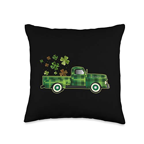 St Patricks Day Green Shamrock Decorations Gifts Green Buffalo Plaid Truck St. Patrick's Day Shamrock Women's Throw Pillow  16x16  Multicolor