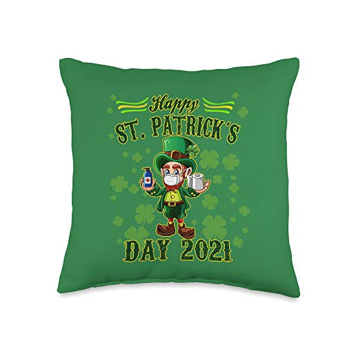 St Paricks Day 2021 Costume Cute Leprechaun Wearing Mask - Green Saintt Patrick's Day Throw Pillow  16x16  Multicolor