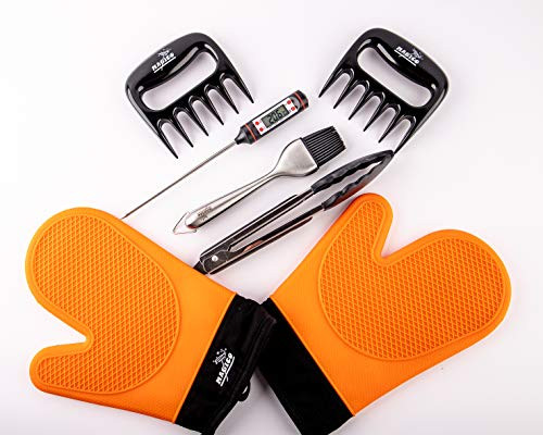BBQ Grill Oven Cooking Gloves-Meatits 7 in one set  2 Silicone Gloves Bear Claws  Meat Thermometer  Silicone Basting Brush  Non-Stick BBQ Baking Mat - for Indoor  and  Outdoor Cooking