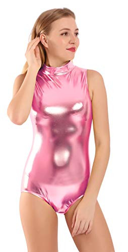 Mvefward Womens Lycra Spandex Mock-Turtleneck Neck Zip Back Shiny Metallic Dance Leotard Pink XXL