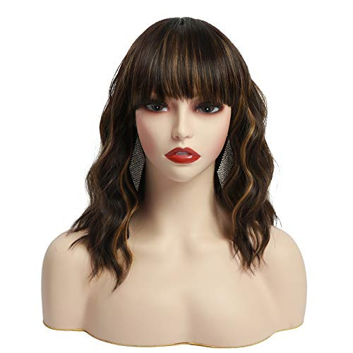 Wavy Bob Wigs with Bangs for Women Black Mixed Brown Color Short Wavy Bob Curly Wig Synthetic Natural Looking Heat Resistant Fiber Hair for Black Women Wavy Bob Wigs with Bangs for Women Black Mixed Brown Color Short Wavy Bob Curly Wig Synthetic Natural Looking Heat Resistant Fiber Hair for Black Women