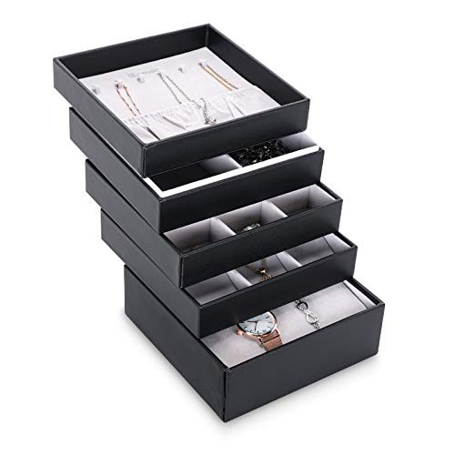 Homde Jewelry Tray Set of 5 Stackable Jewelry Organizer with Lid for Drawer Display Storage Box for Watch  Sunglasses  Necklace  Bracelet  Ring and Earrings Homde Jewelry Tray Set of 5 Stackable Jewelry Organizer with Lid for Drawer Display Storage Box for Watch  Sunglasses  Necklace  Bracelet  Ring and Earrings