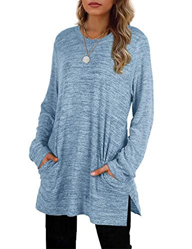 Bolomi Womens Casual Sweatshirts Long Sleeve Pullover Shirts Round Neck Oversized Tunic Tops with Pockets Lake Blue Small