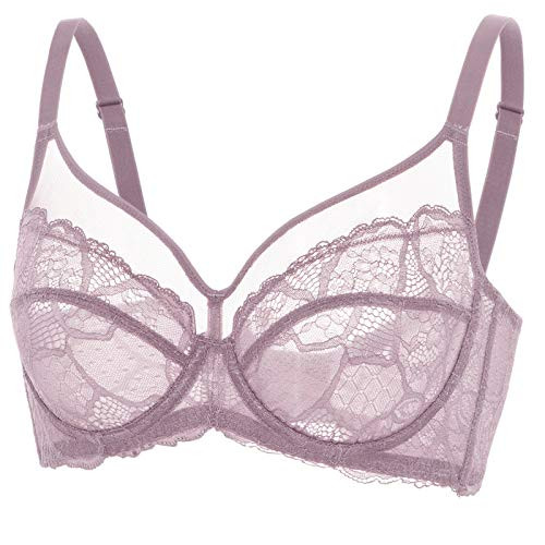 DOBREVA Women's Lace Minimizer Bra Underwire See Through Plus Size Unlined Full Coverage Rose Brown 36DD