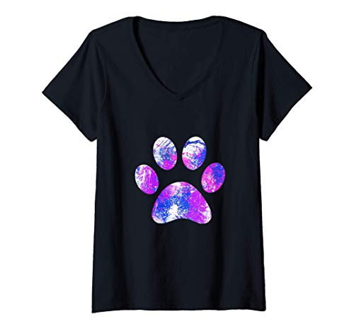 Womens Funky Splash Paint Art Dog Paw Print V-Neck T-Shirt