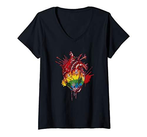 Womens Anatomical Heart Paint Splatter Rainbow Artistic Design V-Neck T-Shirt