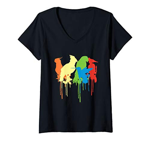 Womens Macaw Cockatiel Parrot Bird Watercolor Splash Paint Splatter V-Neck T-Shirt Womens Macaw Cockatiel Parrot Bird Watercolor Splash Paint Splatter V-Neck T-Shirt