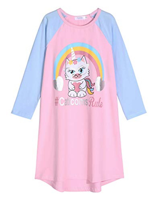 Arshiner Girls Unicorn Nightgowns Long Sleeve Cat Nightgown Nightie Pajama Dress Pink Size 8