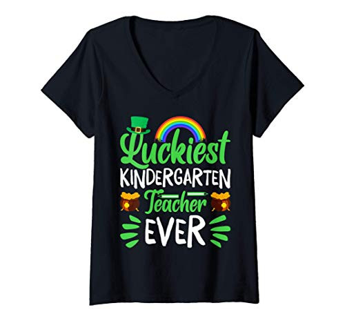 Womens Luckiest Kindergarten Teacher Ever Shamrock St Patrick's Day V-Neck T-Shirt
