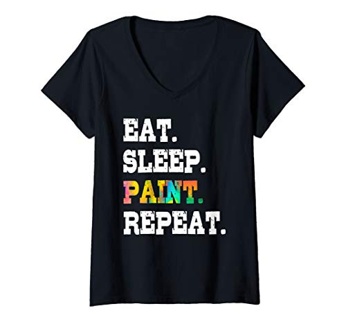 Womens Eat Sleep Paint Repeat Artist Painter Art Lover Designer V-Neck T-Shirt