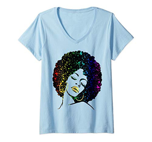 Womens Black Girl Magic Rainbow Afro Queen Diva Lips Paint Drip V-Neck T-Shirt