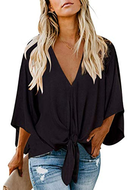 Women's Casual Cheetha Blouse Batwing Sleeve Loose Fitting Shirts Boho Knot Front Tops Leopard XL Black