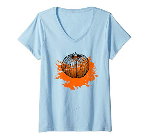 Womens Paint Splatter Splash Abstract Art Halloween Pumpkin V-Neck T-Shirt